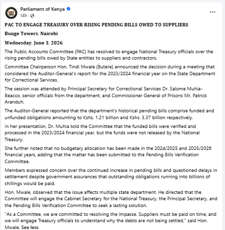 Statement on the rising pending bills issue. PHOTO/Screengrab by People Daily Digital/Parliament of Kenya/Facebook 