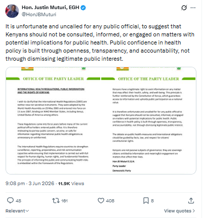 Statement on public health rights and transparency debate. PHOTO/Screengrab by People Daily Digital/@HonJBMuturi/X