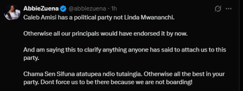 Astatement by Abigael Gikonyo dismissing any attempts to link Linda Mwananchi to Peoples Reinasance Movement PRM) on Saturday, June 6, 2026. PHOTO//Screengrab by People Daily Digital from X by @abbiezuena