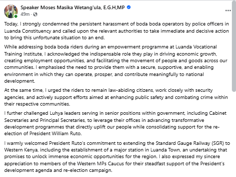 Statement condemning the harassment of boda boda riders in Luanda. PHOTO/Screengrab by People Daily Digital/Moses Wetang’ula/Facebook