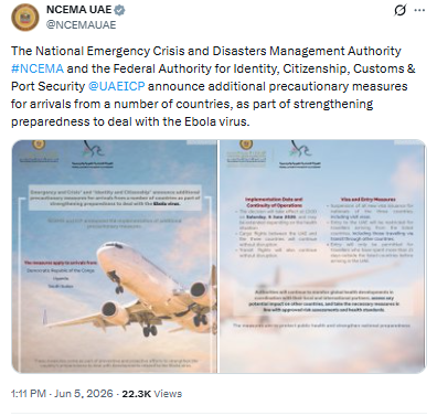 Statement on Ebola travel restrictions affecting African countries. PHOTO/Screengrab by People Daily Digital/@NCEMAUAE/X