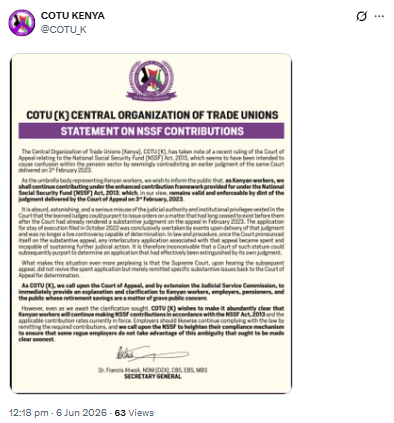 COTU clarification on NSSF Act, 2013 contributions. PHOTO/Screengrab by People Daily Digital/@COTU_K/X