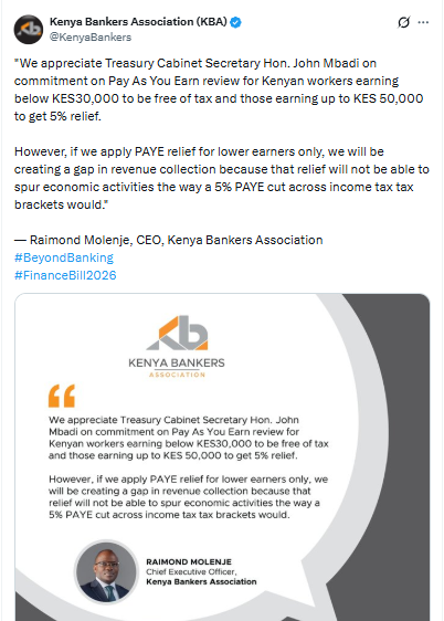 Kenya Bankers Association statement on PAYE relief proposals. PHOTO/Screengrab by People Daily Digital/@KenyaBankers/X