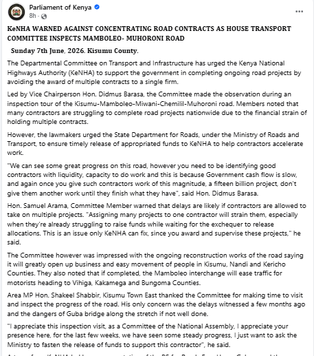 Statement on road tenders. PHOTO/Screengrab by People Daily Digital/Parliament of Kenya/Facebook