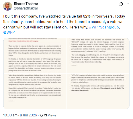 Statement on WPP Scangroup's performance and governance concerns by Bharat Thakrar. PHOTO/Screengrab by People Daily Digital/@bharatthakrar/X