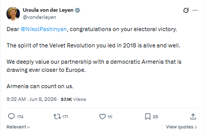 Congratulatory message to Nikol Pashinyan. PHOTO/Screengrab by People Daily Digital/@vonderleyen/X