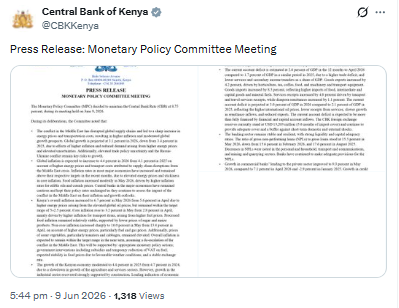 Statement on Monetary Policy Decision. PHOTO/Screengrab by People Daily Digital/@CBKKenya/X