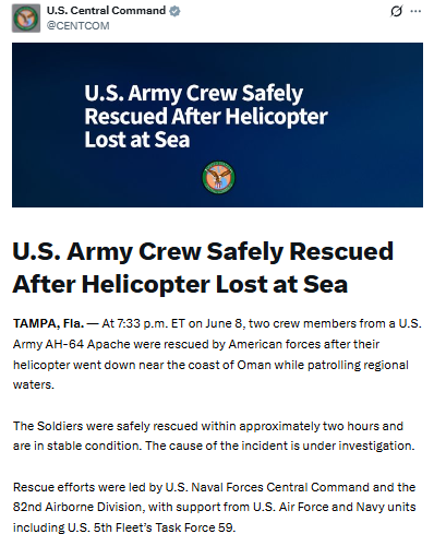 **Centcom statement on the helicopter rescue operation. PHOTO/Screengrab by People Daily Digital/X**
