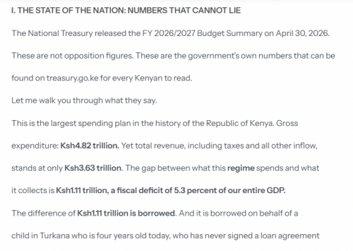 Excerpt from a press release by Kalonzo Musyoka on the budget. PHOTO/ Screengrab by People Daily Digital/X