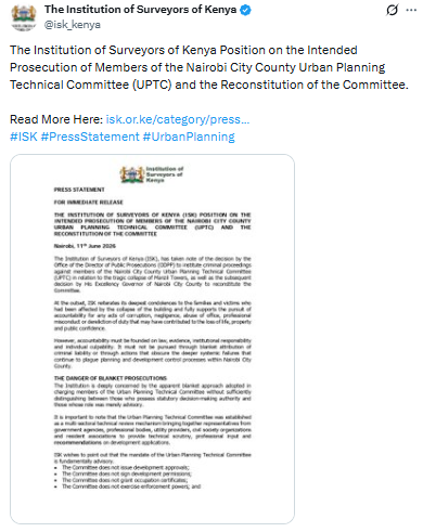 Statement by the Institution of Surveyors of Kenya (ISK) on the South C building collapse. PHOTO/Screengrab by People Daily Digital/@isk_kenya/X