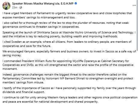 Statement on SACCO reforms. PHOTO/Screengrab by People Daily Digital/Facebook/Moses Wetang’ula