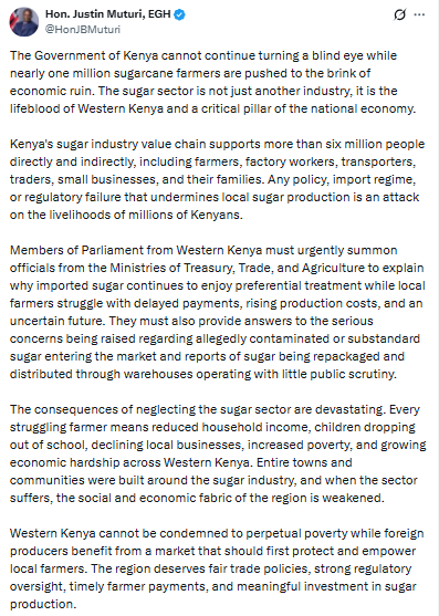 Statement on Kenya sugar sector crisis. PHOTO/Screengrab by People Daily Digital/@HonJBMuturi/X