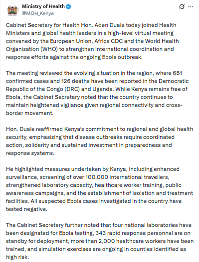 Statement on Ebola preparedness. PHOTO/Screengrab by People Daily Digital/@MOH_Kenya/X