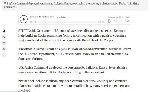 Statement carried by Stars and Stripes on the deployment of US troops to Kenya for an Ebola isolation facility. PHOTO/Screengrab by People Daily Digital