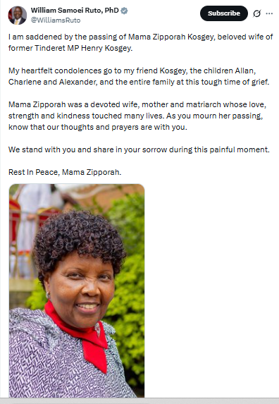 Statement on the passing of Zipporah Kosgey. PHOTO/Screengrab by People Daily Digital/@WilliamsRuto/X