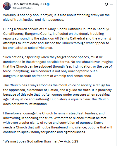 Statement by Justin Muturi on attacks targeting the Church. PHOTO/Screengrab by PD Digital/@HonJBMuturi/X