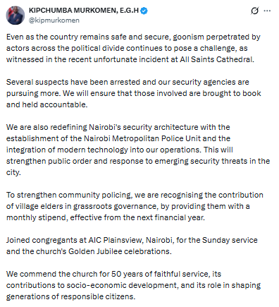 Statement on rising goonism and security concerns. PHOTO/Screengrab by PD Digital/@kipmurkomen/X