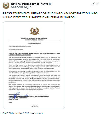 Statement on church attack response. PHOTO/Screengrab by People Daily Digital/@NPSOfficial_KE/X