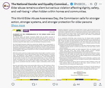 Statement on the elder abuse awareness day. PHOTO/@NGECKenya /X
