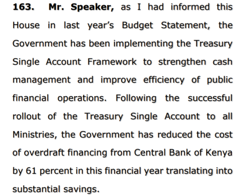 Part of Treasury Cabinet Secretary John Mbadi’s statement during the budget presentation. PHOTO/Screengrab by People Daily Digital