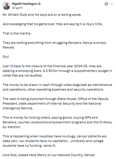 Rigathi Gachagua’s statement accusing the government of looting Ksh6.2 billion. PHOTO/Screengrab by People Daily Digital/X