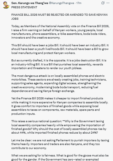 Statement on rejection or major amendments to Finance Bill 2026. PHOTO/Screengrab by People Daily Digital/@KarungoThangwa/X