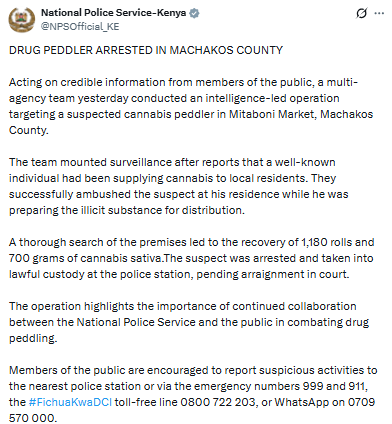 Statement on the arrest of a drug peddler. PHOTO/Screengrab by People Daily Digital/@NPSOfficial_KE/X