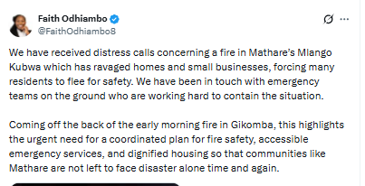 Statement on fire in Mathare’s Mlango Kubwa. PHOTO/Screengrab by People Daily Digital/@FaithOdhiambo8/X
