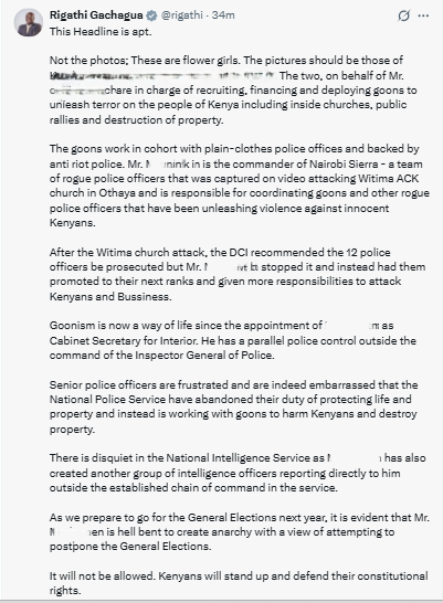 Statement on alleged rogue police unit “Nairobi Sierra.” PHOTO/Screengrab by People Daily Digital/@rigathi/X