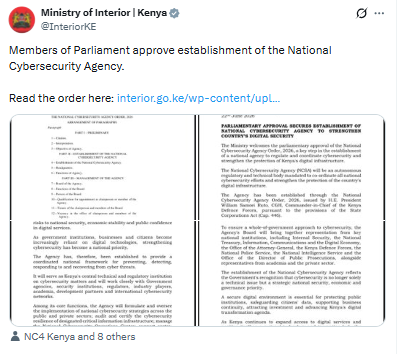 Statement on approval of the establishment of the National Cybersecurity Agency. PHOTO/Screengrab by People Daily Digital/@InteriorKE/X