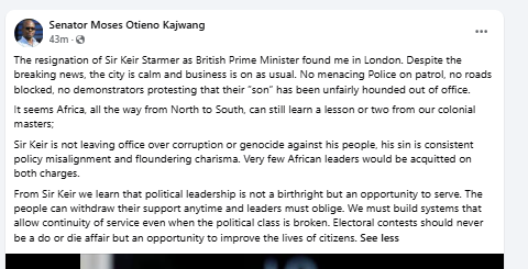 Senator Moses Otieno Kajwang commenting on the resignation of Sir Keir Starmer. PHOTO/Screengrab by People Daily Digital/Facebook