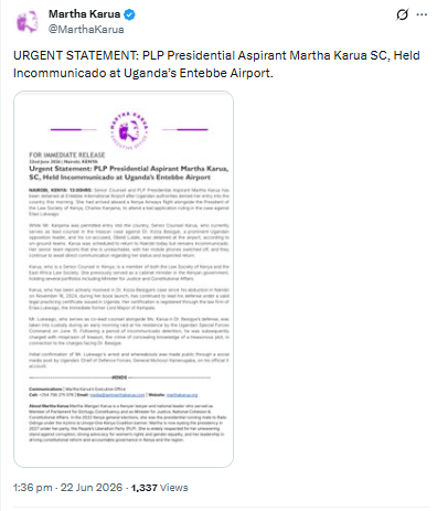 Statement on the detention. PHOTO/Screengrab by People Daily Digital/@MarthaKarua/X