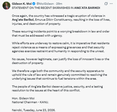 Statement on Ang’ata Barikoi clashes. PHOTO/Screengrab by PD Digital/@MoiGideon/X