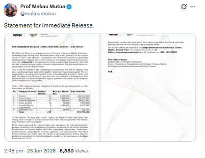 Statement on victims’ compensation. PHOTO/Screengrab by PD Digital/@MakauMutua/X