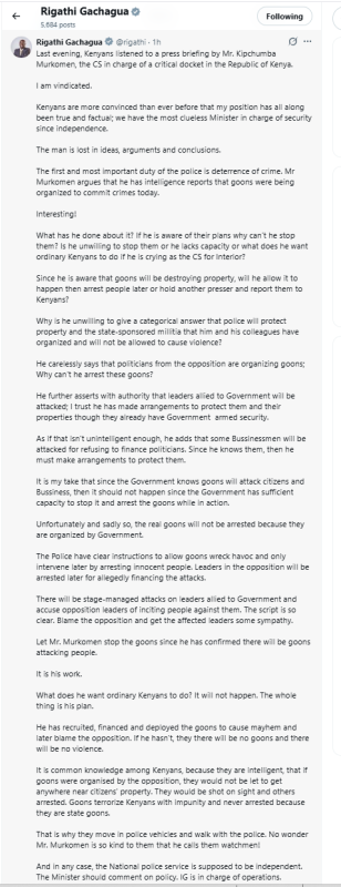 A lengthy X post by Gachagua responding to Murkomen over goons claim. PHOTO/Screengrab by People Daily Digital from X by @rigathi