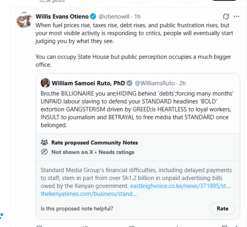 Willis Otieno responds to Ruto. PHOTO/Screengrab by People Daily Digital from X by @otienowill