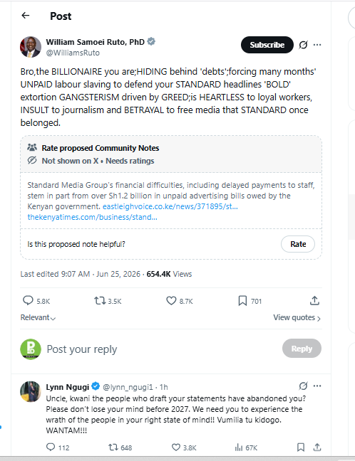 A screengrab of Lynn Ngugi responding to William Ruto. PHOTO/Screengrab by People Daily Digital from X by @WilliamsRuto