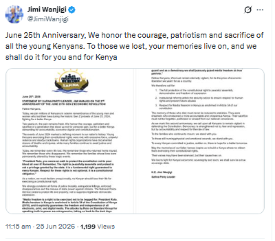 Safina Party leader Jimi Wanjigi’s statement marking the second anniversary of the June 25, 2024 Gen Z protests. PHOTO/Screengrab by PD Digital/@JimiWanjigi/X
