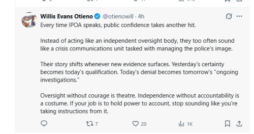 Lawyer Willis Otieno complains about IPOA. PHOTO/Screengrab by People Daily Digital from X by @otienowill