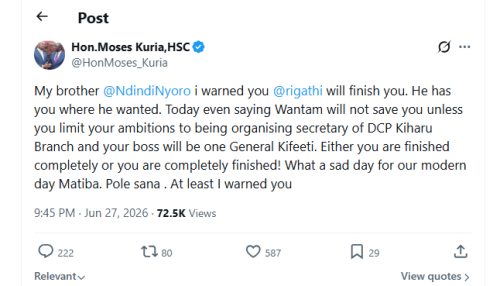 Moses Kuria sends a message to Ndindi Nyoro. PHOTO/Screengrab by People Daily Digital from X by @HonMoses_Kuria