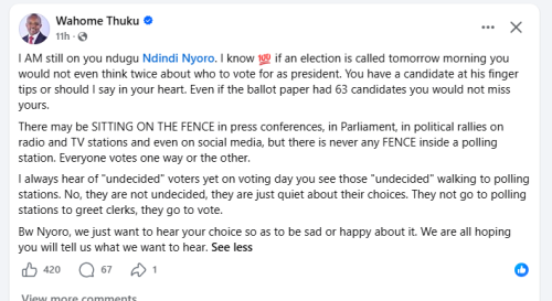 Wahome Thuku defends Ndindi Nyoro. PHOTO/Screengrab by People Daily Digital from Facebook by @wahome.thuku