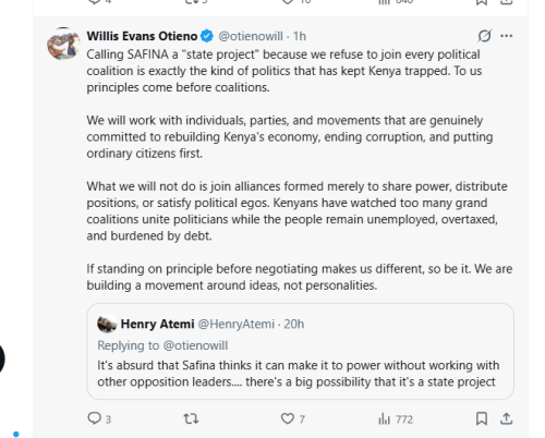 Willis Otieno responds to claim Safina Party is state project. PHOTO/Screengrab by People Daily Digital from X by @otienowill