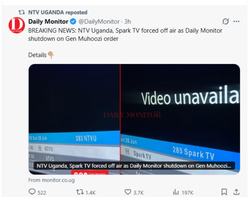 Daily Monitor of Uganda posts screenshots of black screen and no signal from NTV. PHOTO/Screengrab by People Daily Digital from X by @ntvuganda