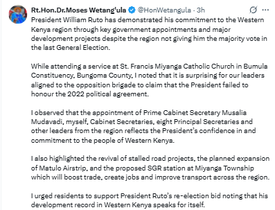 Statement on Ruto’s Western Kenya development record. PHOTO/Screengrab by PD Digital/@HonWetangula/X
