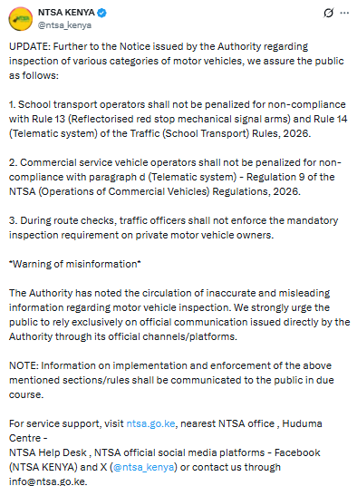 Statement from NTSA on vehicle inspection rules. PHOTO/Screengrab by People Daily Digital/@ntsa_kenya/X