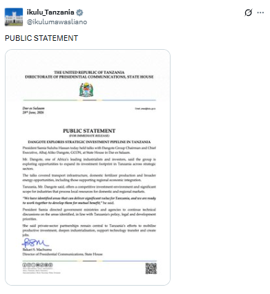 Statement on investment in Tanzania. PHOTO/Screengrab by PD Digital/@ikulumawasliano/X