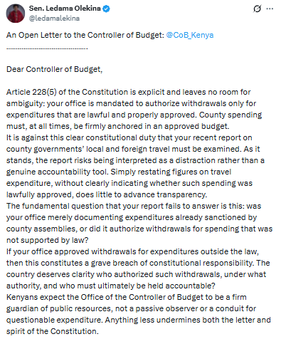 Statement on County Spending Oversight by Controller of Budget. PHOTO/Screengrab by PD Digital/@ledamalekina/X