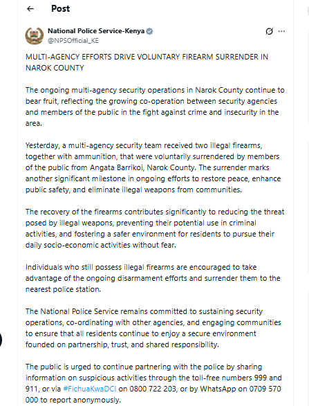 NPS statement on weapons' surrender. PHOTO/Screengrab by People Daily Digital from X by @NPSOfficial_KE