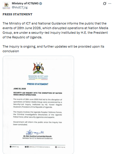 Uganda Ministry of ICT and National Guidance statement on the Nation Media Group Uganda siege. PHOTO/Screengrab by PD Digital/@MoICT_Ug/X