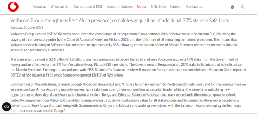 Part of the press release on acquisition of Safaricom stake. PHOTO/Screengrab by People Daily Digital